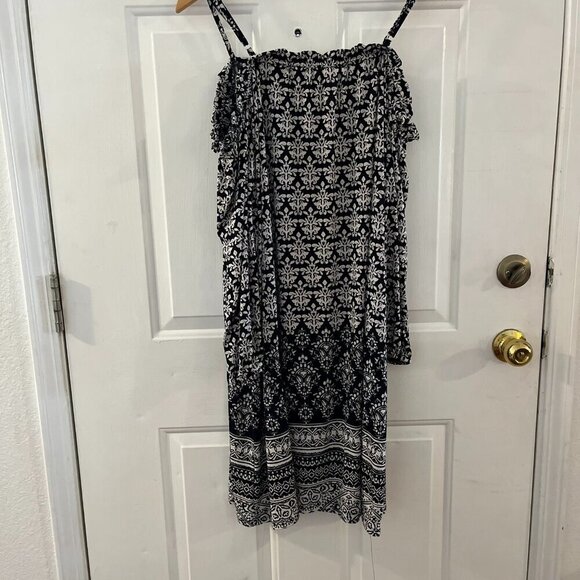 Tacera Plus-Size Black/White Floral Cold Shoulder Midi Summer Dress Sz 2x - Picture 1 of 9